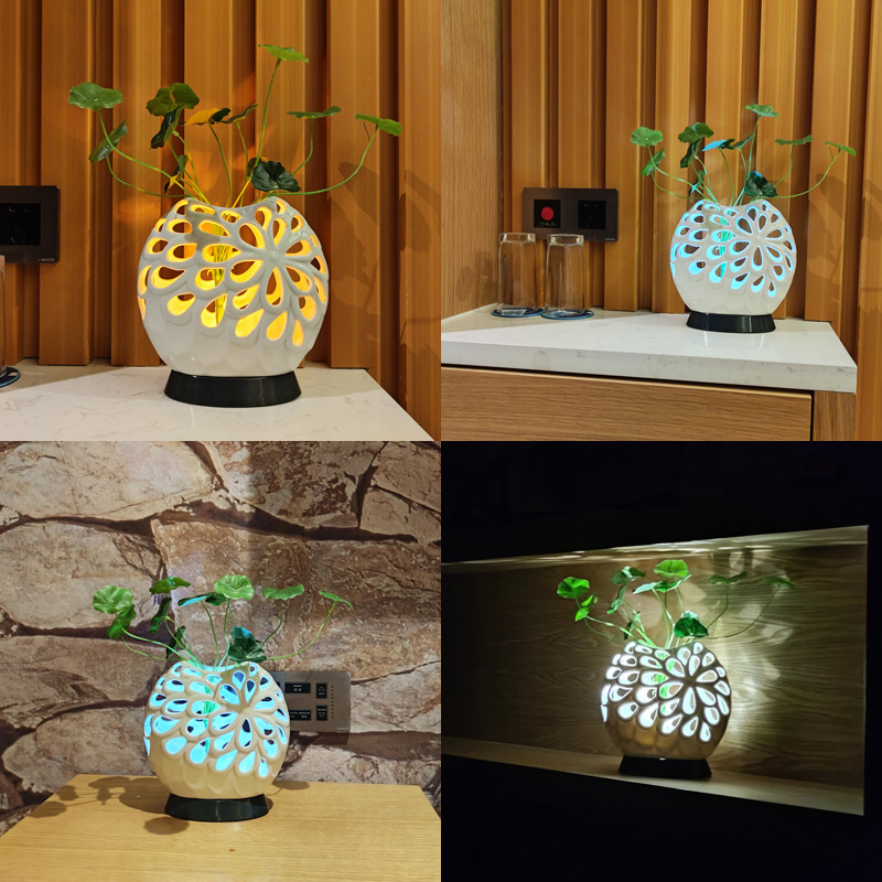 瓣叶陶瓷镂空花瓶夜灯无线遥控装饰台灯
